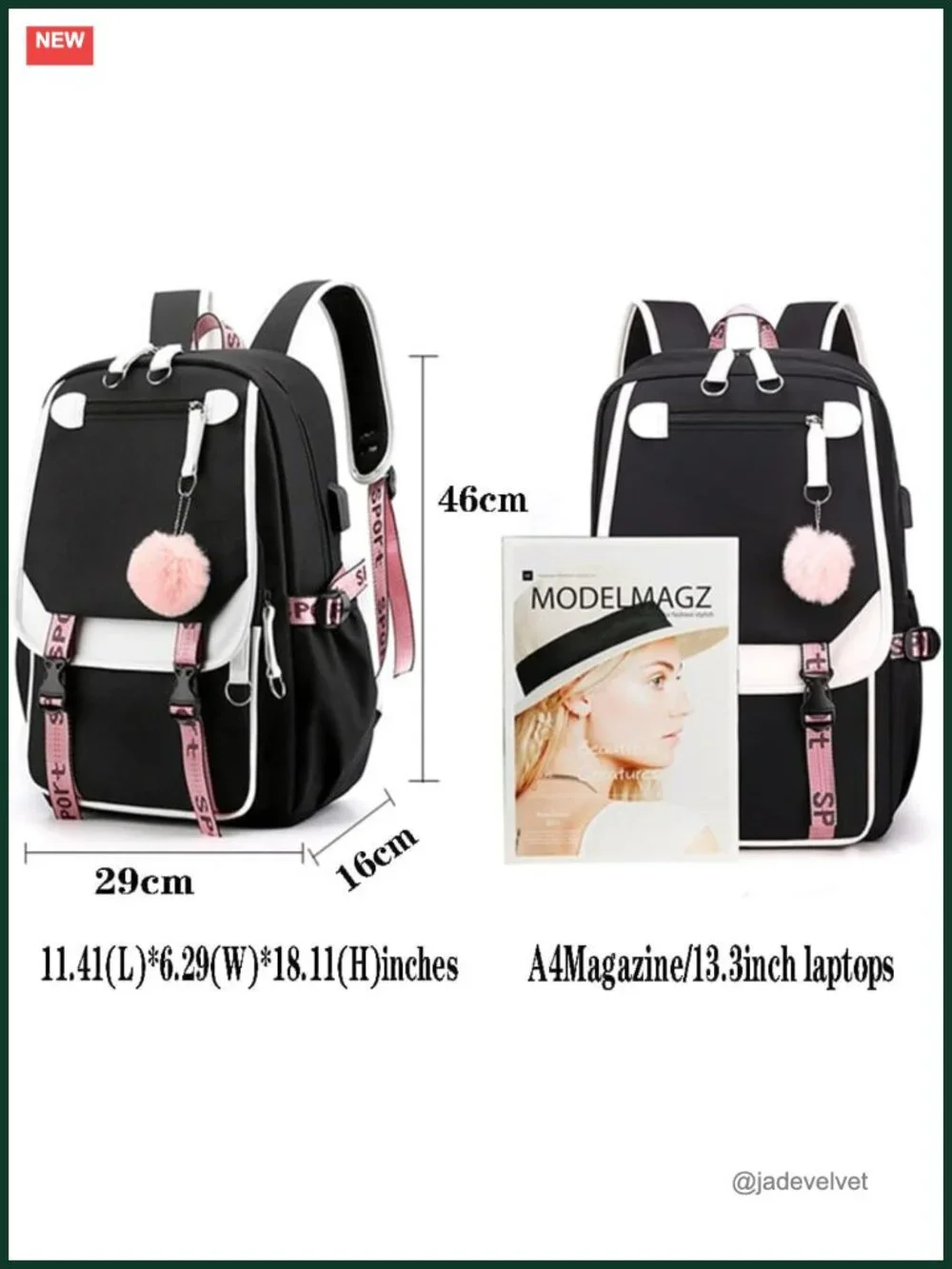 Cute School Backpack with USB Port, Kawaii Pins, Daypack for Teen Girls